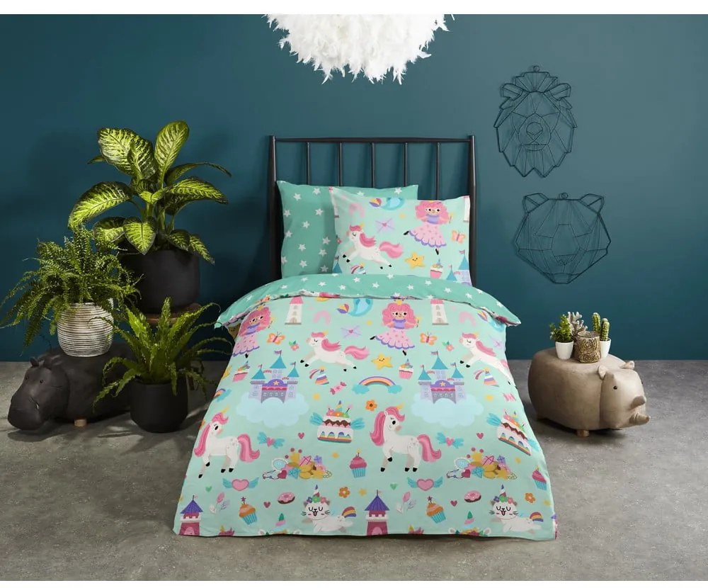 Lenjerie de pat pentru copii verde-mentă din bumbac pentru pat de o persoană 140x200 cm Fantastic – Good Morning