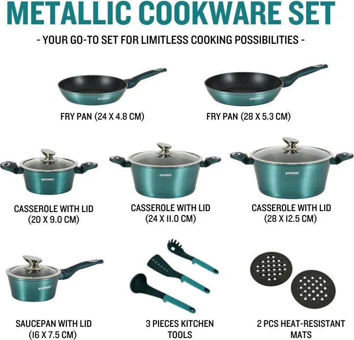 Set oale si tigai Herzberg HG-METBL15, 15 piese, Aluminiu 3003, Acoperire marmura, Capace din sticla, Inductie, Verde albastru