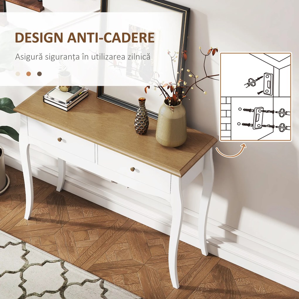 HOMCOM Masă Consolă Modernă cu 2 Sertare, Consolă de Intrare din MDF și PAL, 100x35x76,5 cm, Alb | Aosom Romania