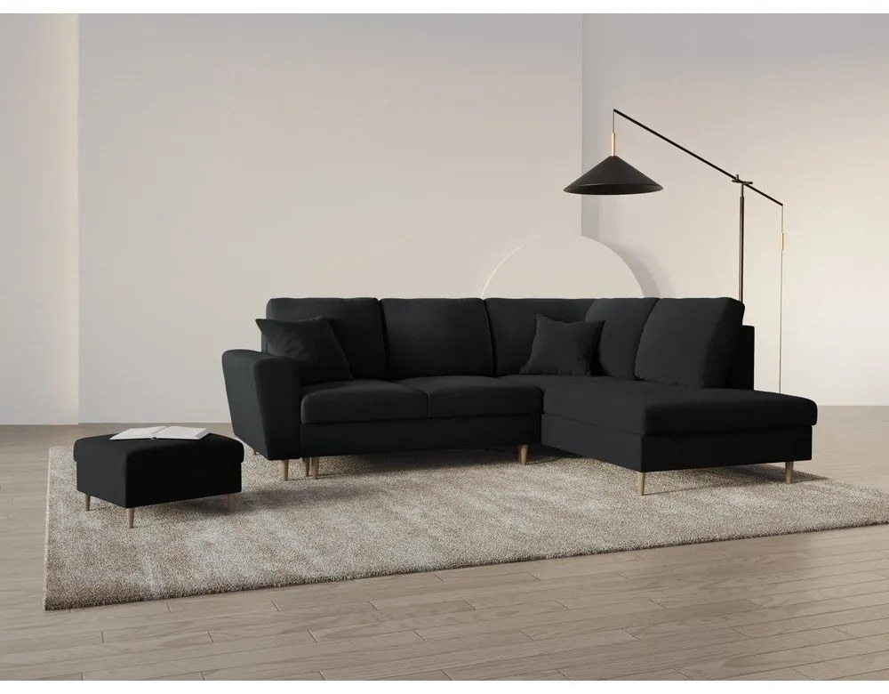 Colțar negru extensibil, cu spațiu de depozitare cu tapițerie din catifea (cu colț pe partea dreaptă-în formă de ”L”) Kyoto – Cosmopolitan Design