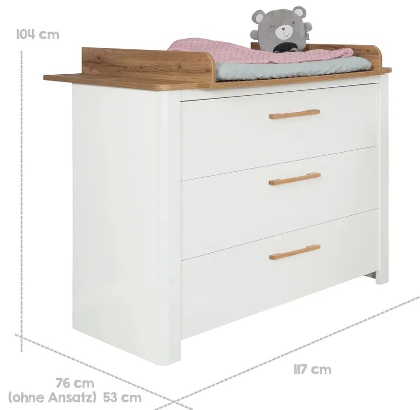 Comodă de copii albă joasă cu aspect de lemn de stejar cu masă de schimbat 119x100 cm Ava – Roba