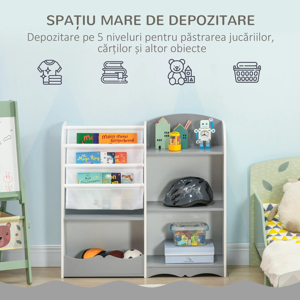 Raft pentru jucării pentru copii Mobilier dormitor din lemn, mobilier pentru sufragerie și creșă, 85x26x84cm, gri ZONEKIZ | Aosom Romania