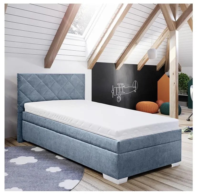 Pat tapițat LANA 90 x 200 cm, cu spațiu de depozitare și saltea, albastru