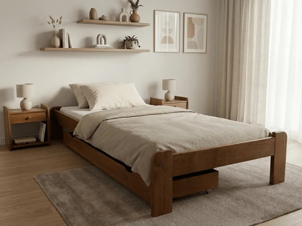 Pat de o persoana ADA 90x200 cm stejar Saltele: Cu saltele Deluxe 10 cm, Somiera pat: Cu lamele curbate