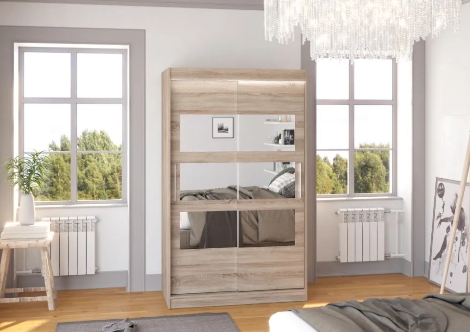 Dulap cu usi glisante si oglinda + iluminare LED, Kolorado 120 + LED, 120 cmx200 cmx58 cm, ADRK Furniture (Culoare: Trufă)