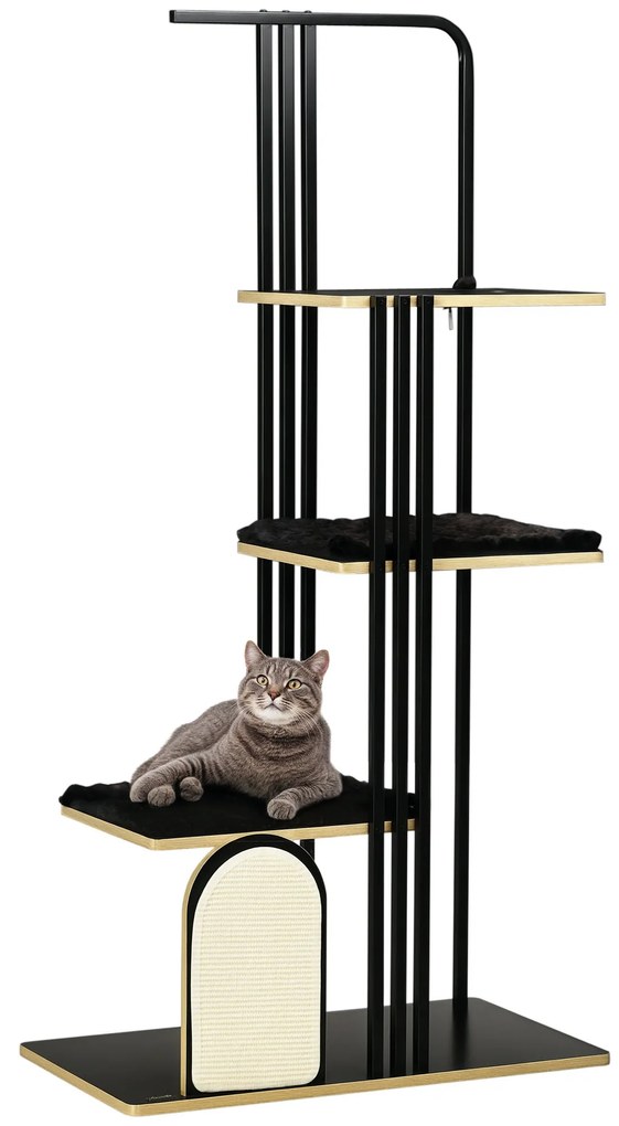 PawHut Pom de Joaca, Design Industrial, 3 Platforme, 2 Perne de Dormit, Placa de Zgariat, Structura din Otel, negru, 85 x 48 x 170 cm | Aosom Romania