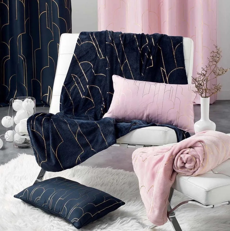 Draperie unică albastră închisă, pe suspensie circulară, cu model auriu 140 x 260 cm
