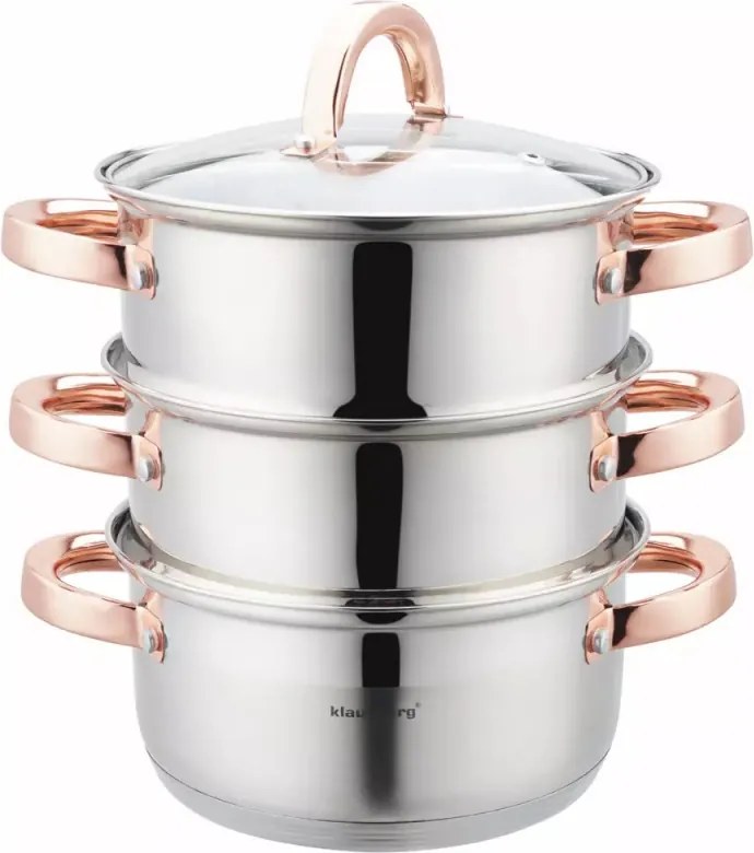 Resigilat: Oala pentru gatit la aburi Klausberg KB 7726, 18 cm, 2,5 L, 4 piese, Inductie, Inox/Aur roz