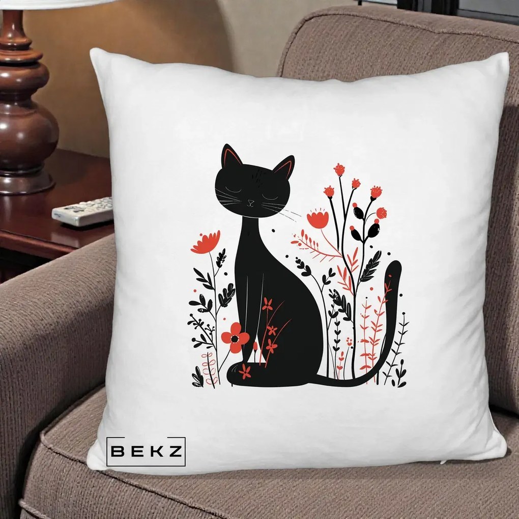 Perna Decorativa Pisica Neagra Flori Rosii Folk Minimal, 40x40 cm, Alb Pufos, Husa Detasabila, Perna Inclusa, BEKZ®