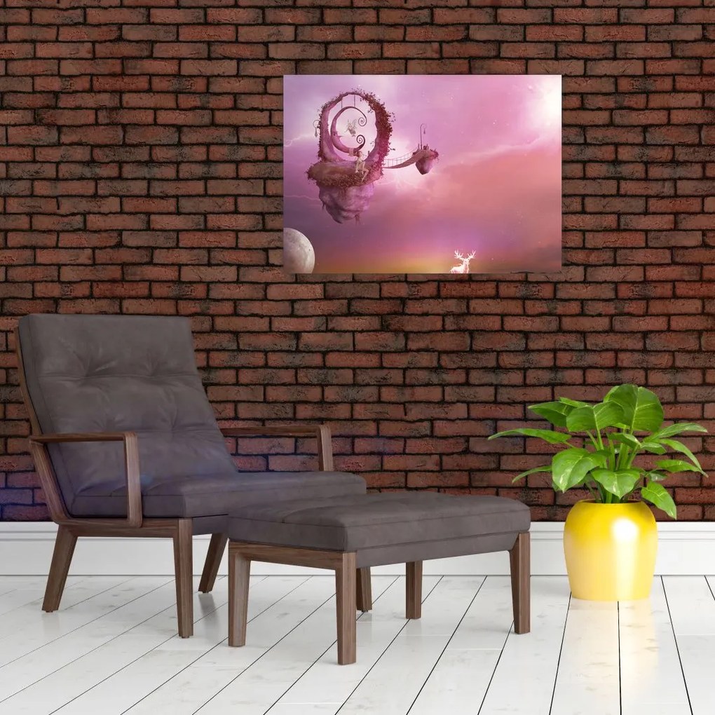Tablou pe sticlă - Zână pe o insulă plutitoare (70x50 cm)