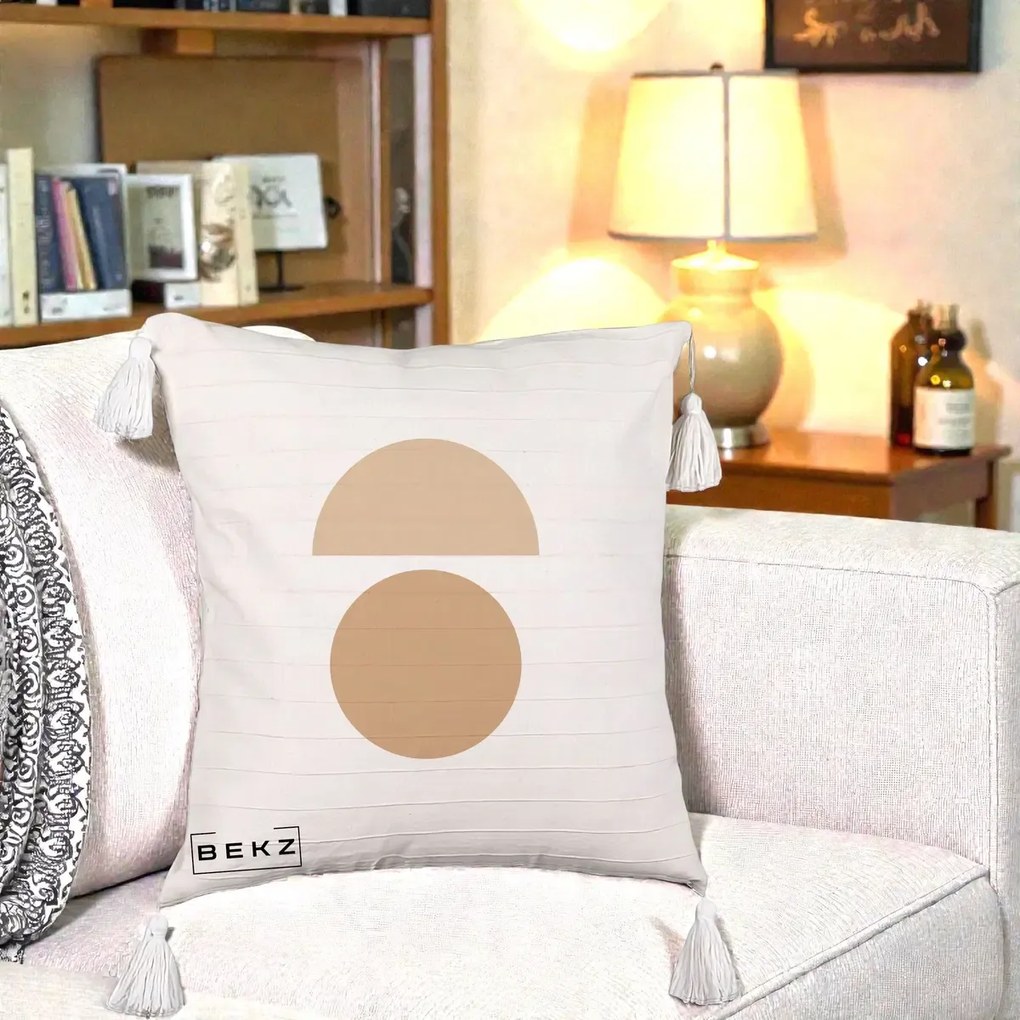 Perna Decorativa Geometric Minimalist Auriu, 40x40 cm, Bej cu Franjuri, Husa Detasabila, Perna Inclusa, BEKZ®