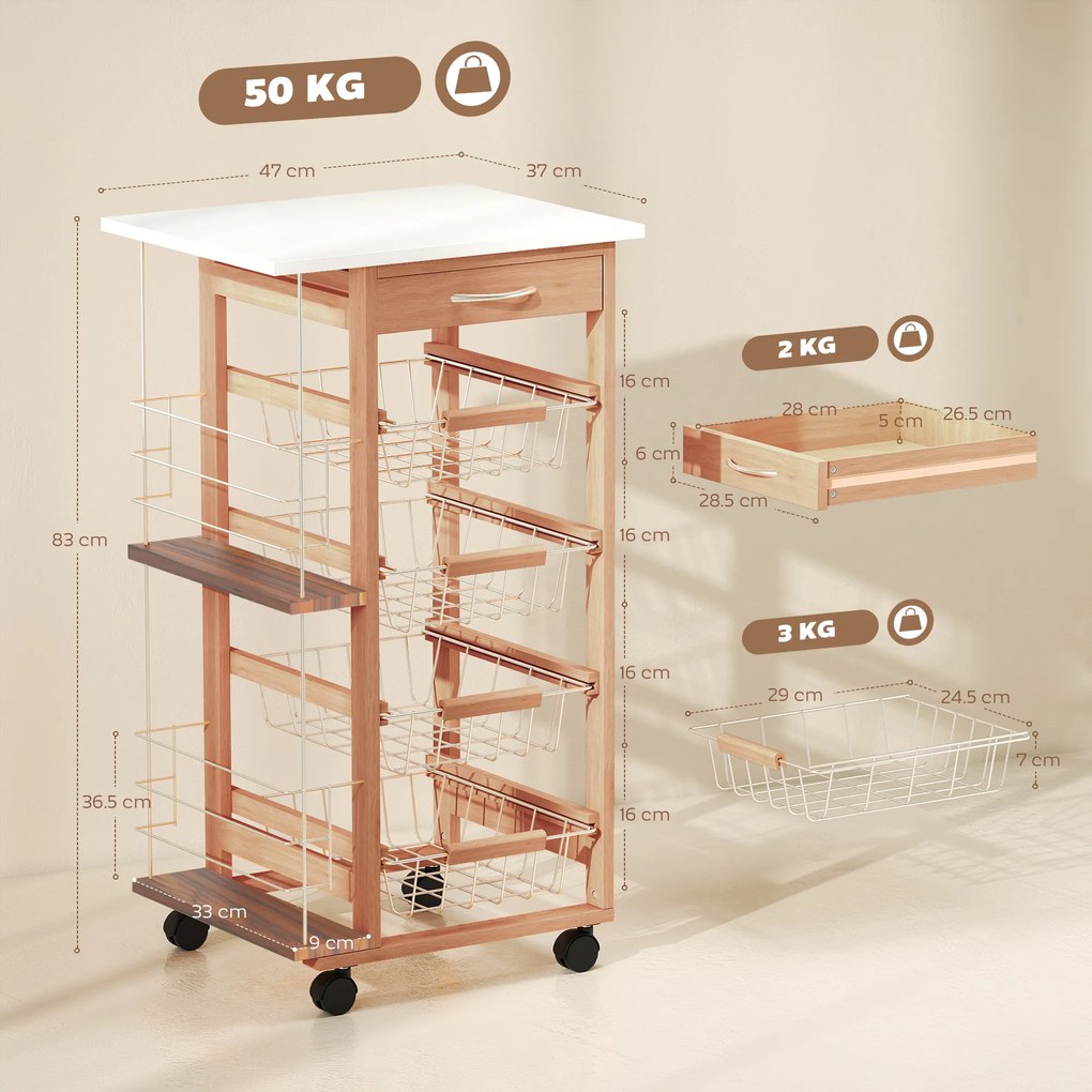 HOMCOM Cărucior de Bucătărie din Lemn Maro, Suport Alimente, 1 Sertar, 4 Coșuri Metalice, MDF, Lemn de Pin, Metal, 47x37x83cm | Aosom Romania