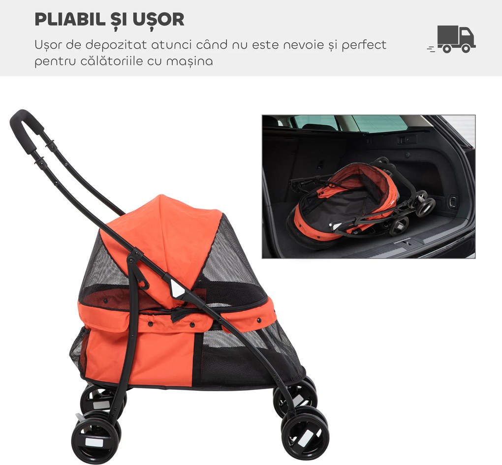 PawHut Cărucior Pliabil pentru Câini cu Acoperiș Reglabil, Geantă și 2 Lese, 82x47x97 cm, Roșu | Aosom Romania