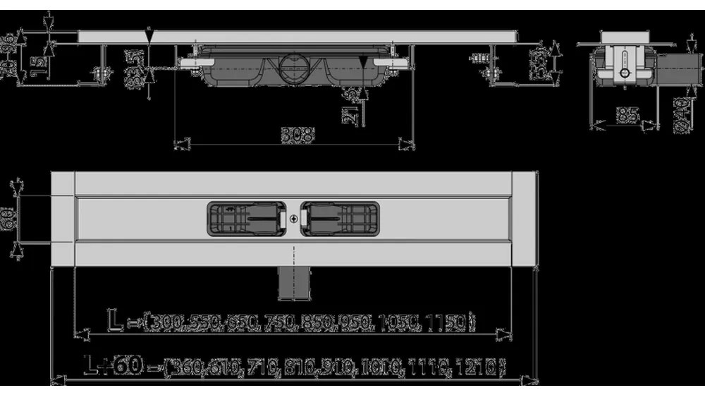 Rigola de dus Low 145 cm, cu margine pentru gratar perforat, otel inoxidabil 1450 mm