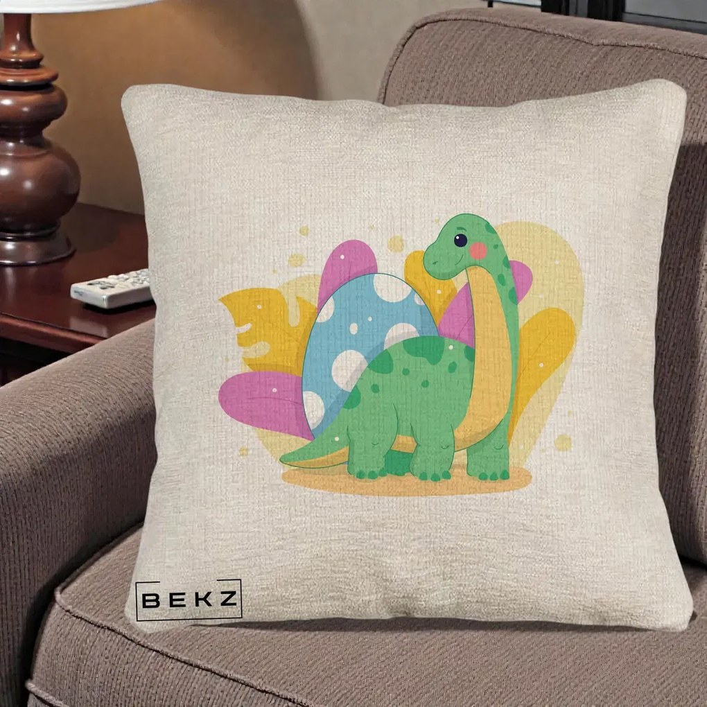 Perna Personalizata Dinozaur cu Ou Pastelat, 40x40 cm, Bej Canapea, Husa Detasabila, Perna Inclusa, BEKZ®