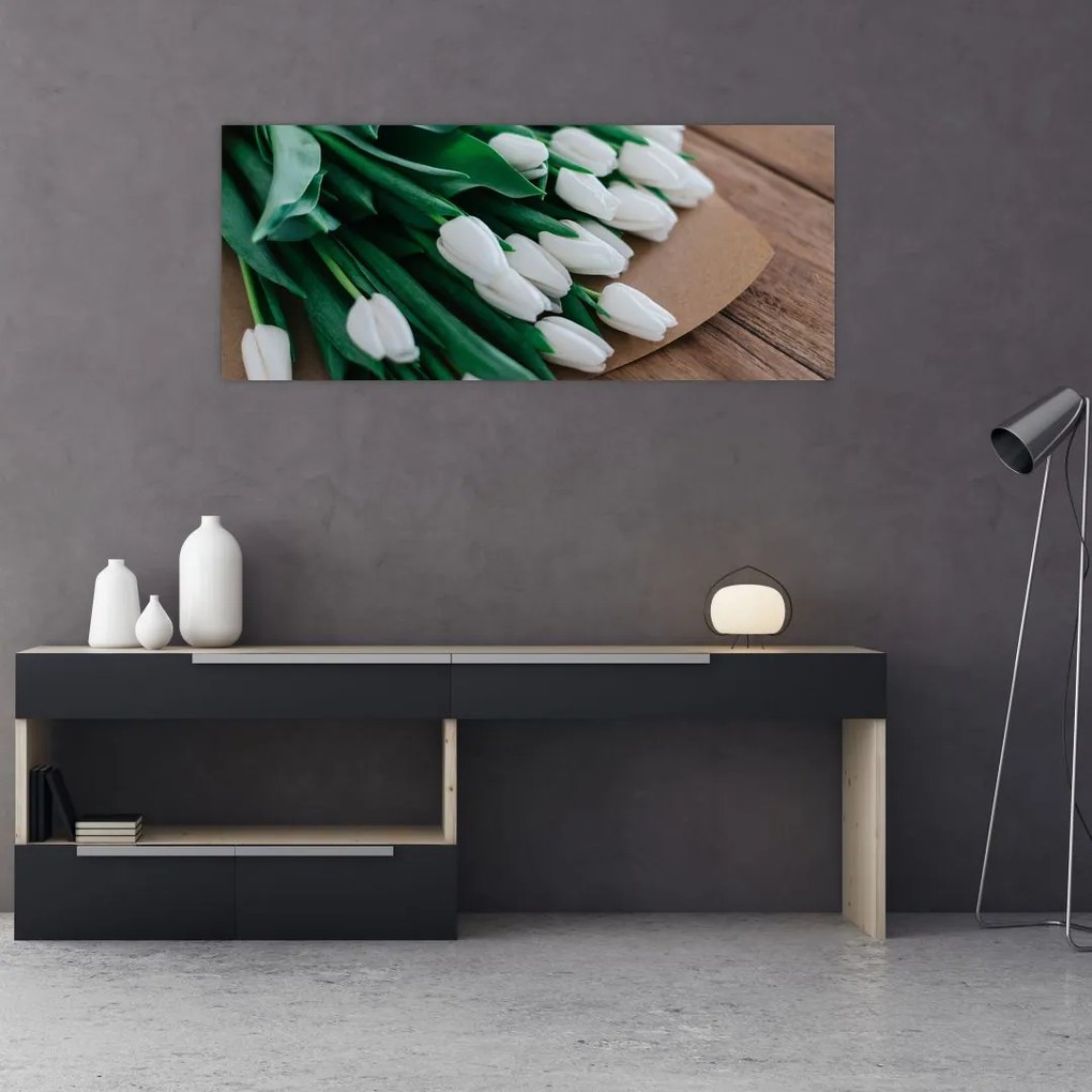 Tablou cu buchet de lalele albe (120x50 cm)