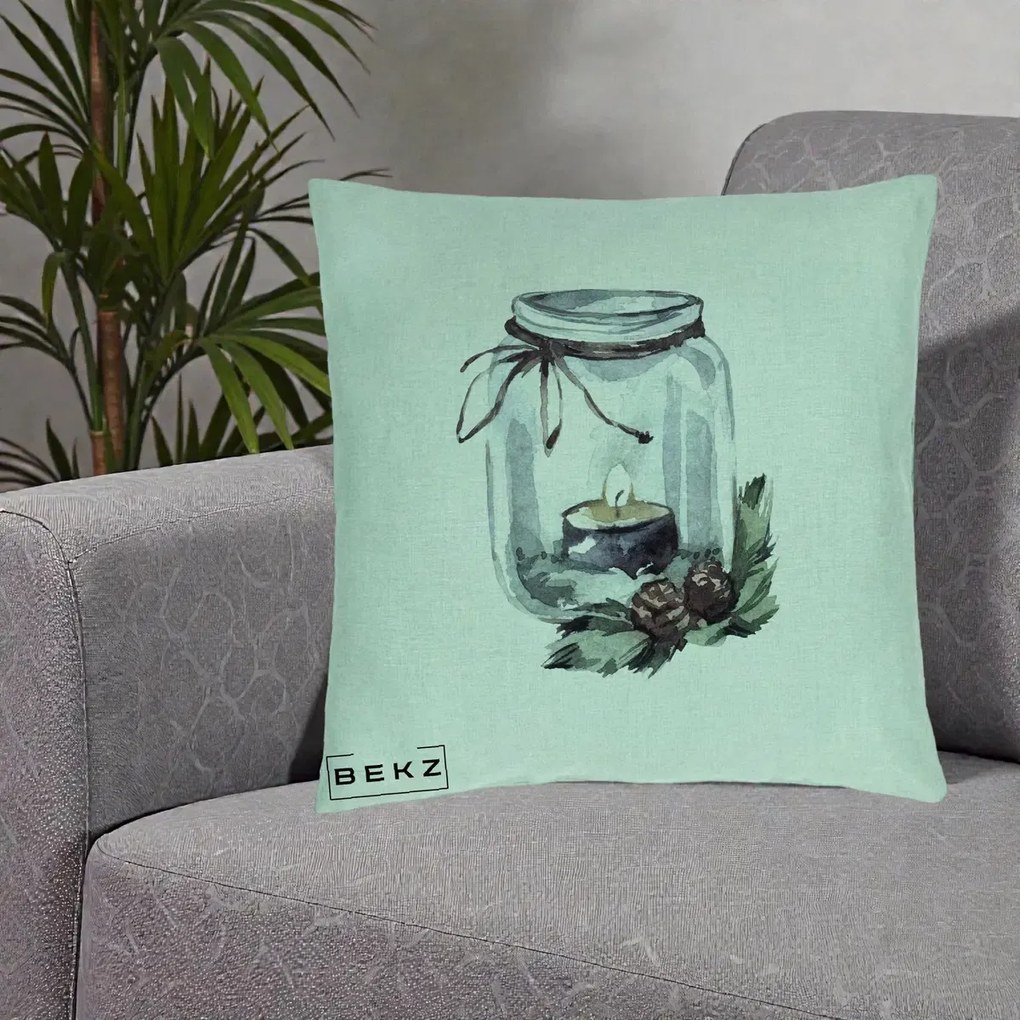 Perna Decorativa Felinar cu Lumanare si Conuri, 40x40 cm, Verde Menta, Husa Detasabila, Perna Inclusa, BEKZ®