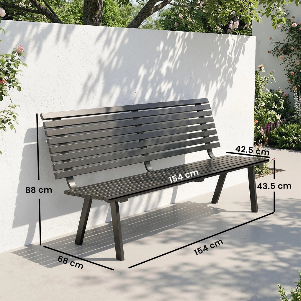 Outsunny Bancă de grădină 3 locuri, rezistentă la intemperii, metal, bancă pentru exterior cu șezut lat, design cu lamele, până la 240 kg 154 x 68 x 88 cm | Aosom Romania