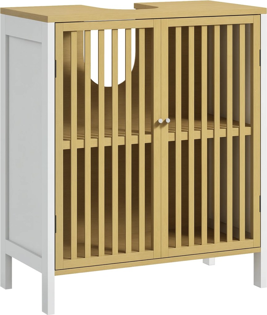 HOMCOM Dulap sub lavoar 2 uși cu raft reglabil dulap de depozitare pentru lavoar 60 x 30 x 70 cm MDF și bambus | Aosom Romania