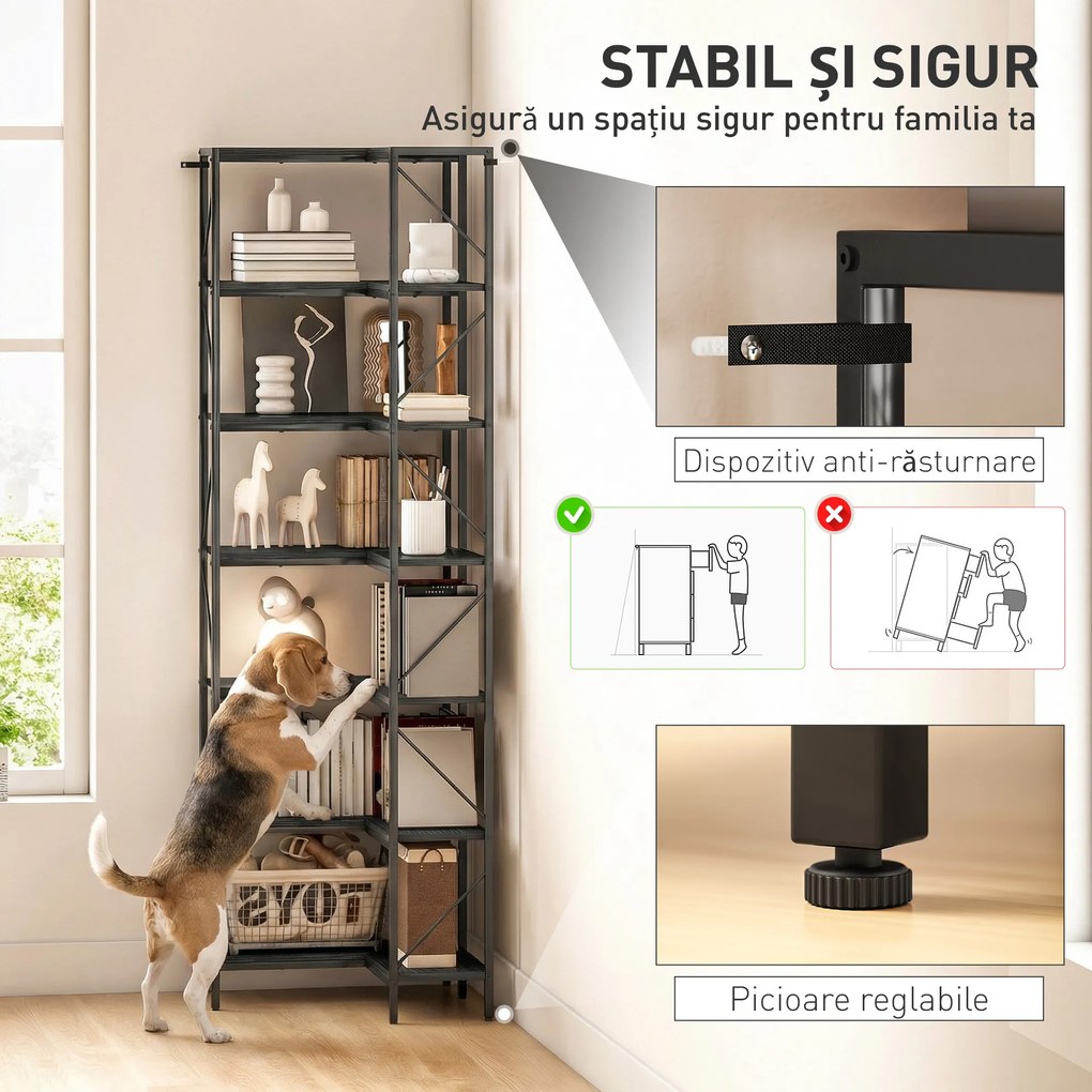 HOMCOM Bibliotecă Colțar cu 7 Rafturi, Stil Industrial, Efect Lemn Negru | Aosom Romania