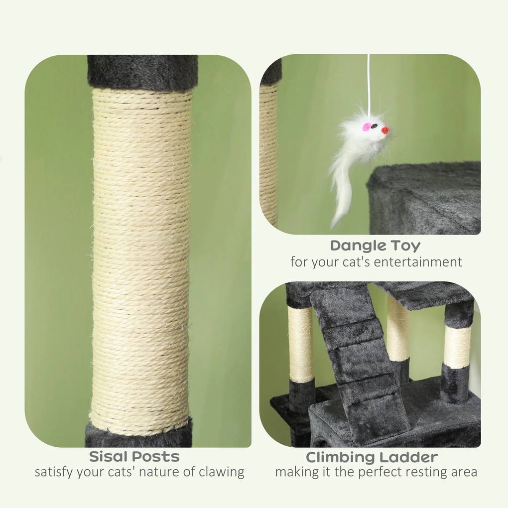 PawHut Albero Tiragraffi per Gatti con Due Cucce in Peluche e Sisal, Grigio, 50x50x170cm
