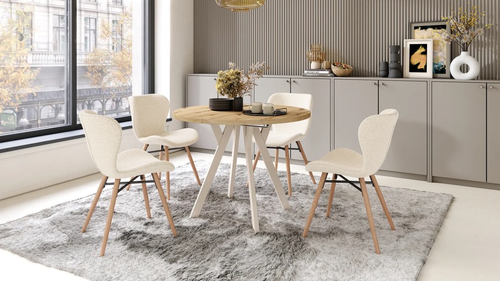 Mazzoni ALDO Stejar Artisan/picioare bej - MASĂ ROTUNDĂ STIL LOFT PENTRU SALON/SUFRAGERIE EXTENSIBILĂ CU PICIOARE ÎN FORMĂ DE "Y"