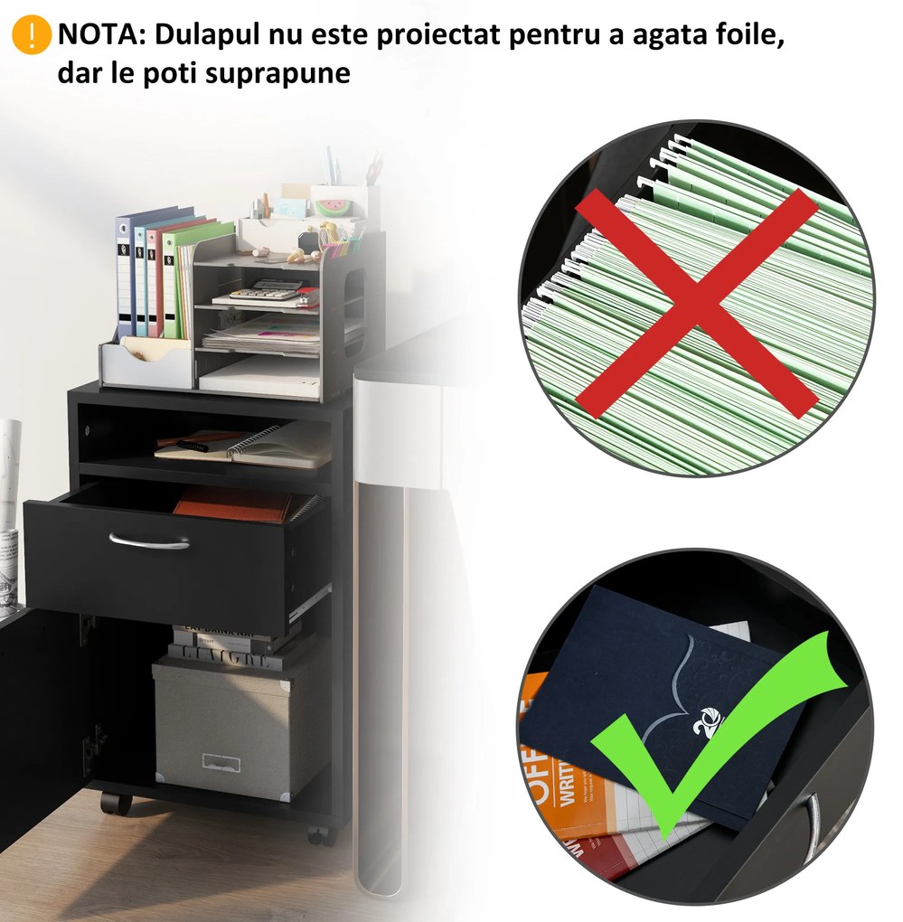 HOMCOM Dulap Mobil cu 4 Roți (2 cu Frână), Raft și 2 Sertare pentru Documente, PAL și Metal, 40x35x60 cm, Negru | Aosom Romania