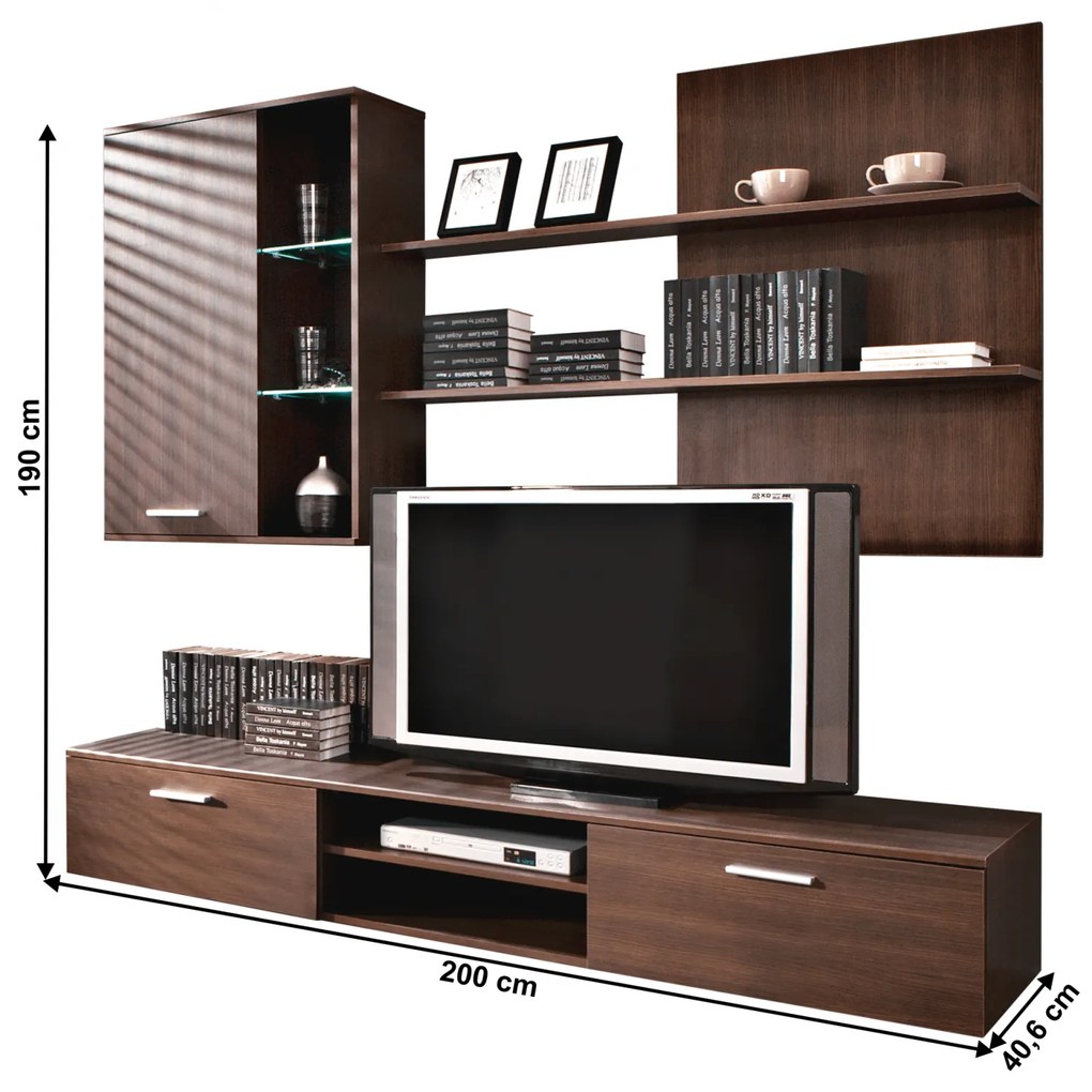 Set mobila living, wenge, 200 cm lungime, cu lumini led, rafturi, Bortis Impex