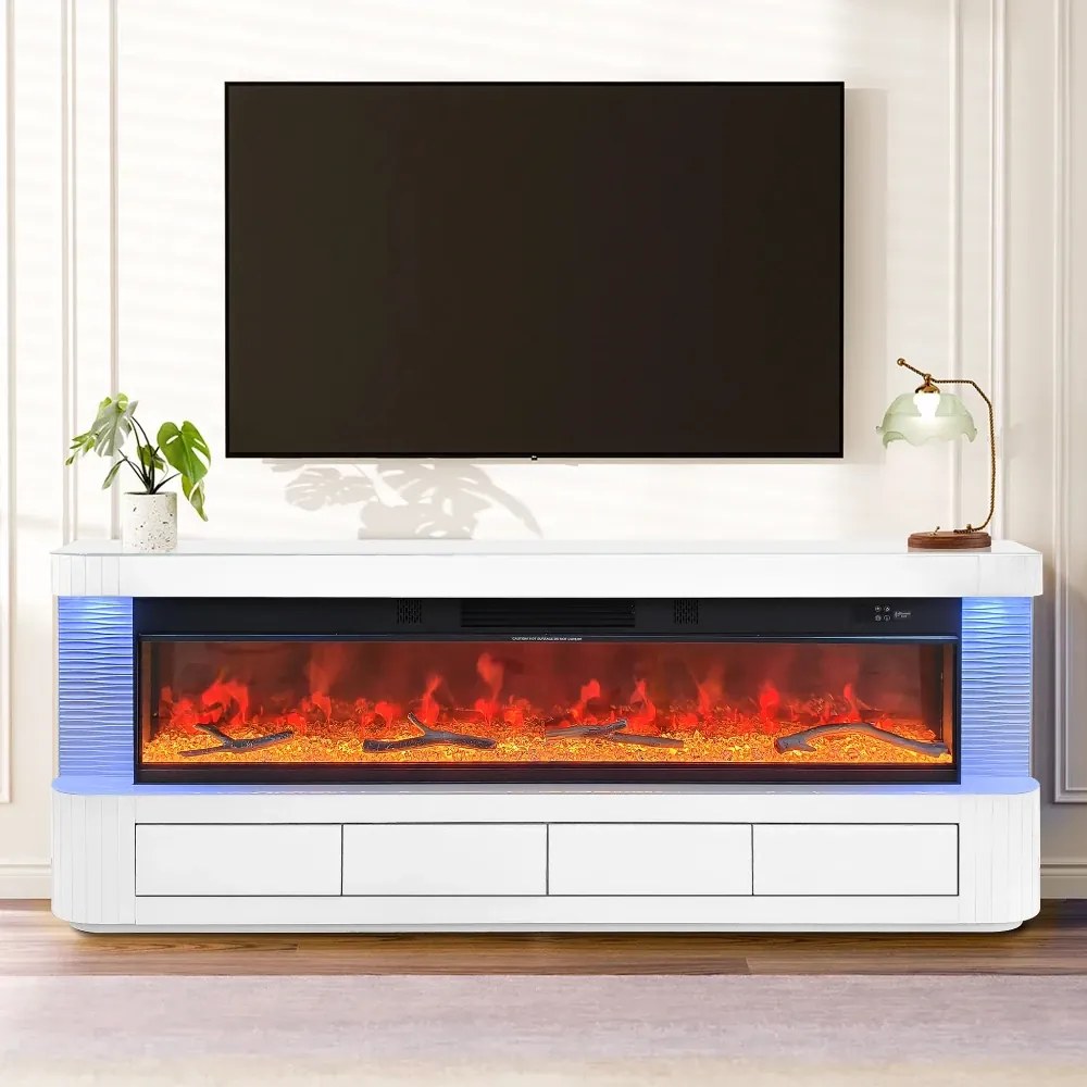 Șemineu Electric cu Flacără LED în 7 Culori, Comodă TV, Bluetooth, Difuzoare Integrate, Iluminare LED Ambientală, Telecomandă, MDF, Finisaj Alb Oglindă