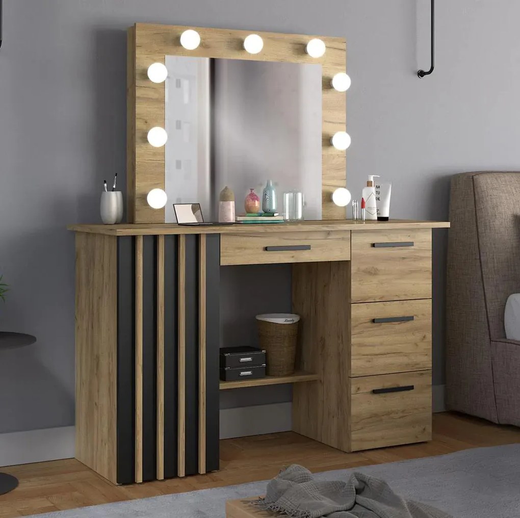 Masuta machiaj culoarea Stejar, cu Oglinda LED si 4 Sertare pentru Cosmetice, Set Masa toaleta 120 cm, Stejar, masuta vanity cu Riflaj, cosmetica -