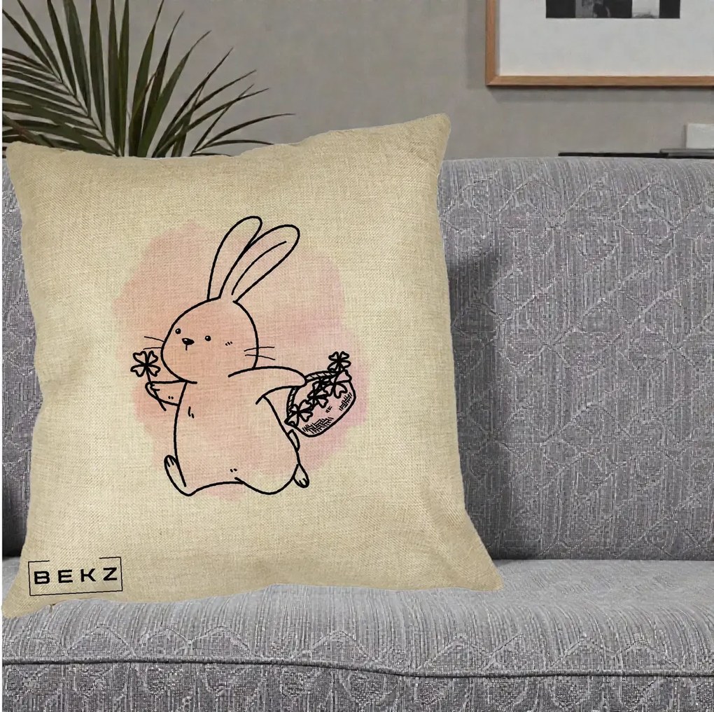 Perna Decorativa Iepuras Kawaii cu Cosulet Floral, 40x40 cm, Crem, Husa Detasabila, Perna Inclusa, BEKZ®