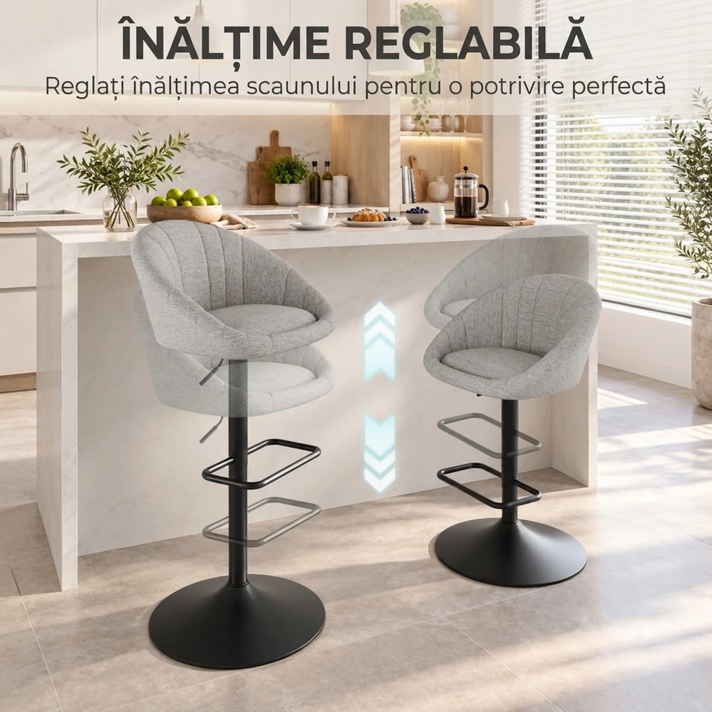 HOMCOM Set 2 scaune de bar cu înălțime reglabilă, șezut rotativ din țesătură și suport pentru picioare, gri | Aosom Romania