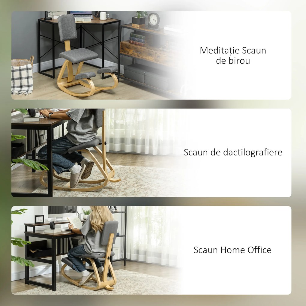 HOMCOM Scaun genunchi ergonomic, din lemn de mesteacăn, care permite o mișcare ușoară de leagăn, 51x84x93 cm, Gri | Aosom Romania