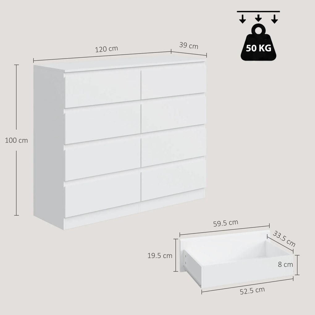 HOMCOM Comodă modernă cu 8 sertare, 120 x 39 x 100 cm, albă | Aosom Romania
