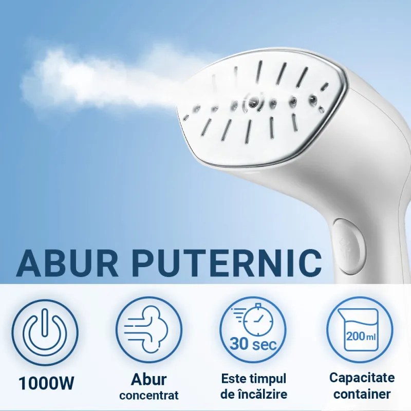 Aparat de calcat vertical cu aburi Rosberg R51051B, 1000W, 200 ml, 10-15g/min, Alb