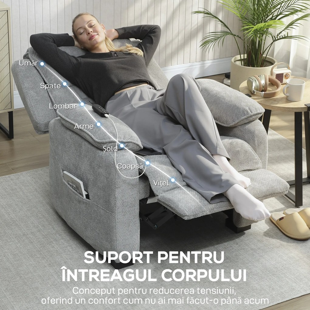HOMCOM Fotoliu Electric Reclinabil 150° cu Suport pentru Picioare, Port USB, Fotoliu Reclinabil Silențios, Sezut Larg, Telecomandă, Funcție Memorie, din Catifea, pentru Living, Gri | Aosom Romania