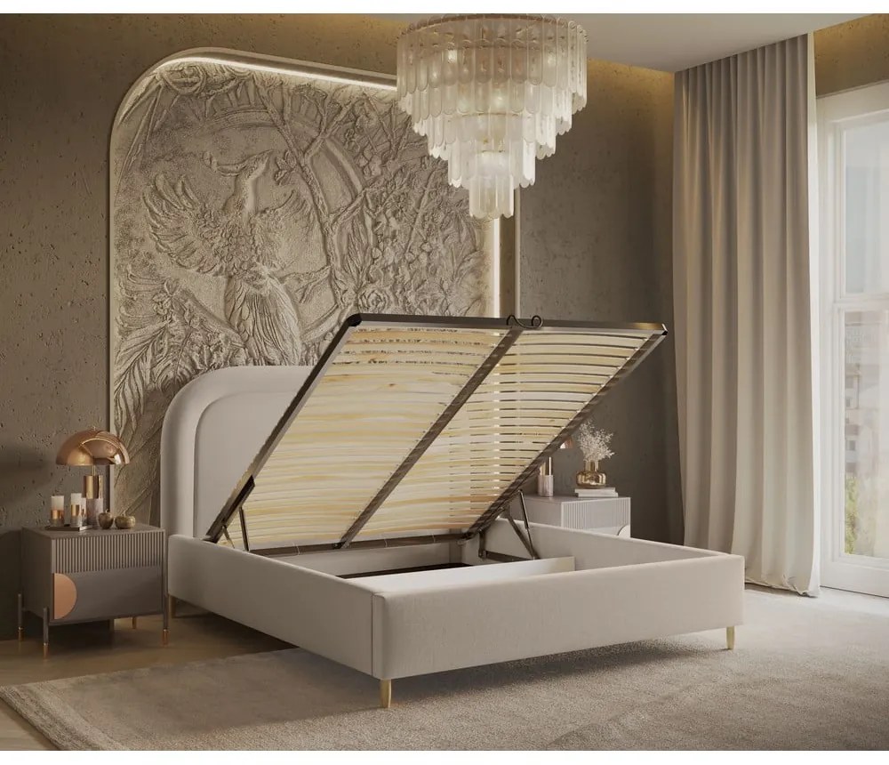 Pat matrimonial bej tapițat cu spațiu de depozitare cu somieră 140x200 cm Mija – Maison de Rêve