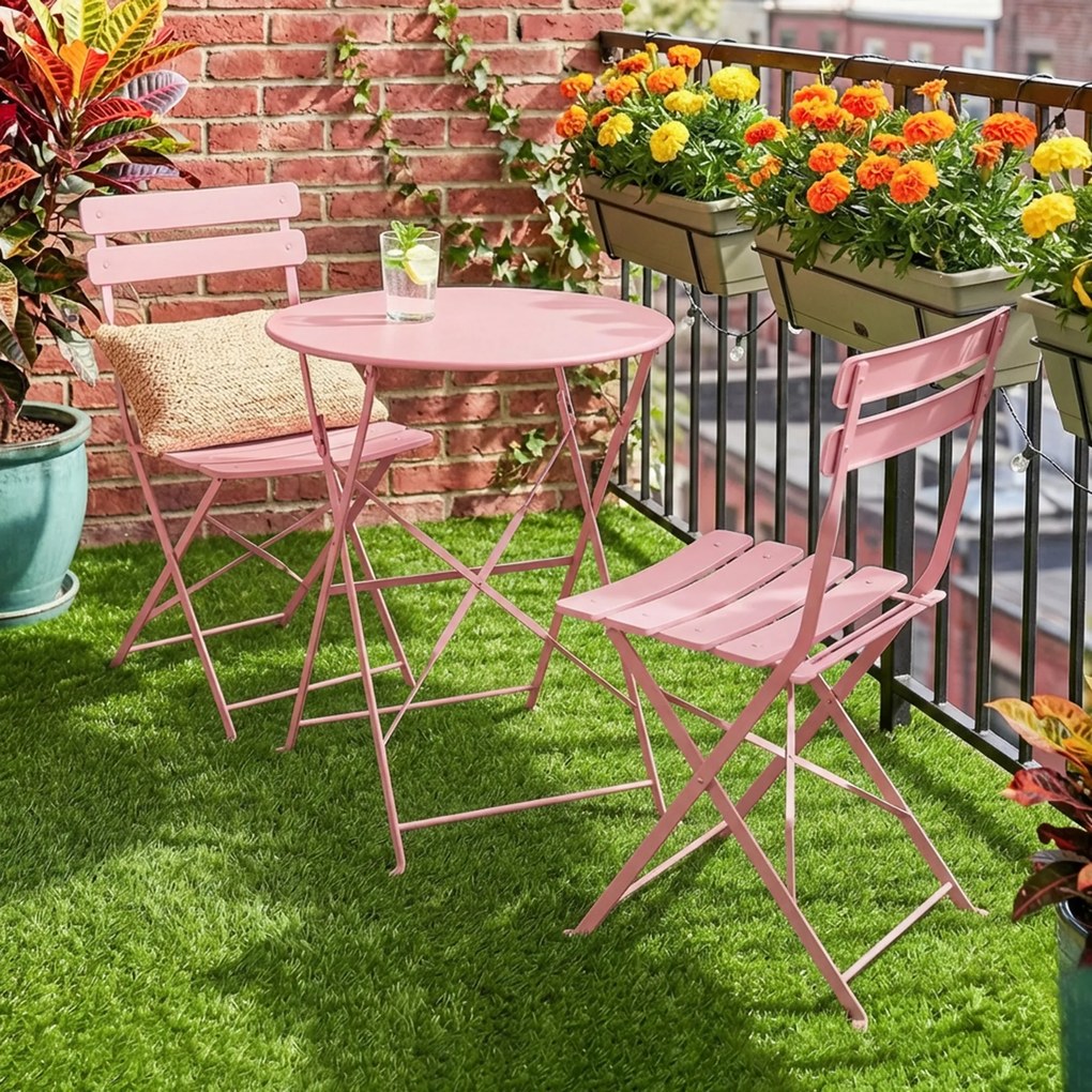 Outsunny Set bistro de grădină 3 piese Masă și 2 scaune pliante cu lamele Dublă protecție anti-rugină Roz | Aosom Romania
