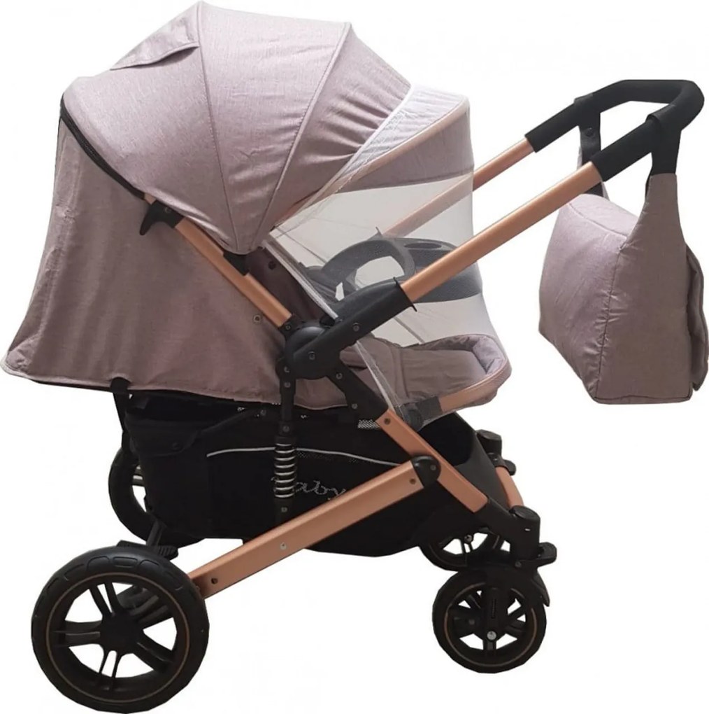 Carucior nou nascuti 2 in 1 BABY CARE™ PRO 512, Cu geanta bebe inclusa, Suspensii, Cadru aluminiu Gold, Plasa insecte, Gri