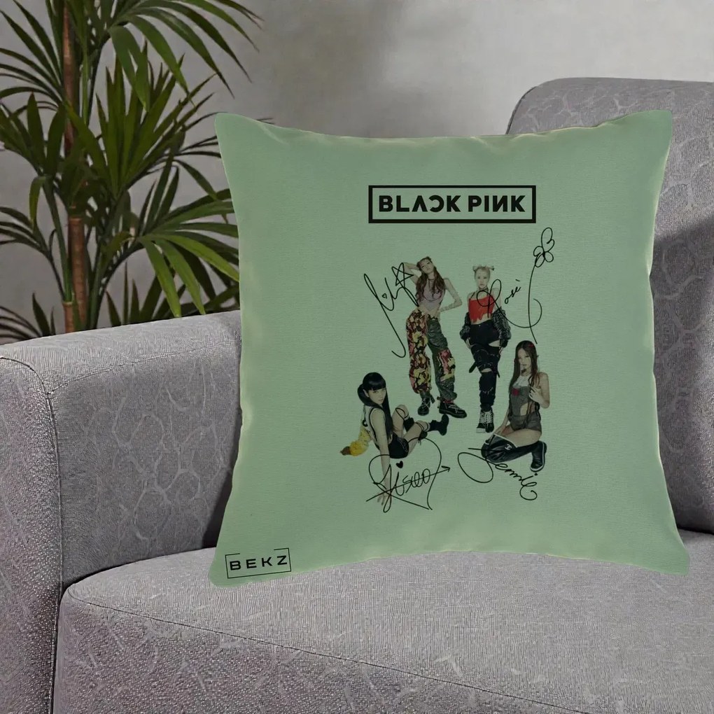 Perna Personalizata K-pop BLACKPINK Fotografie Grup Autografe Toate Membre, 40x40 cm, Verde, Husa Detasabila, Perna Inclusa, BEKZ®