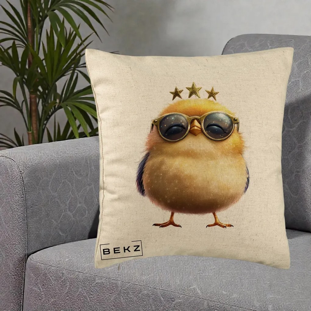 Perna Decorativa Pui Gold Star cu Ochelari Aurii, 40x40 cm, Bej, Husa Detasabila, Perna Inclusa, BEKZ®
