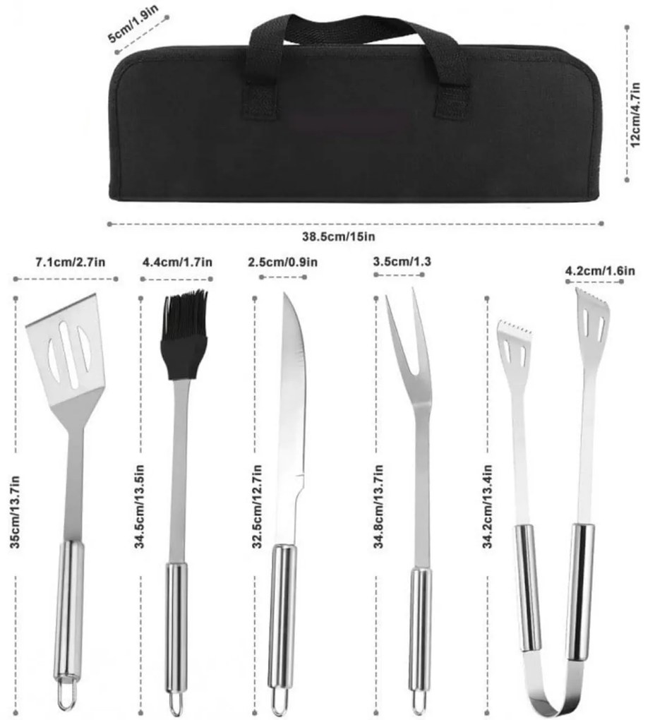 Set 5 ustensile gratar din inox HouseXL BBQ, Cu geanta transport inclusa, Cleste, Spatula, Furculita, Cutit si Perie gratar