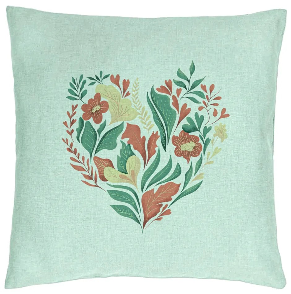 Perna Decorativa, Model Love Flowers, 40x40 cm, Verde Menta, Husa Detasabila, Burduf