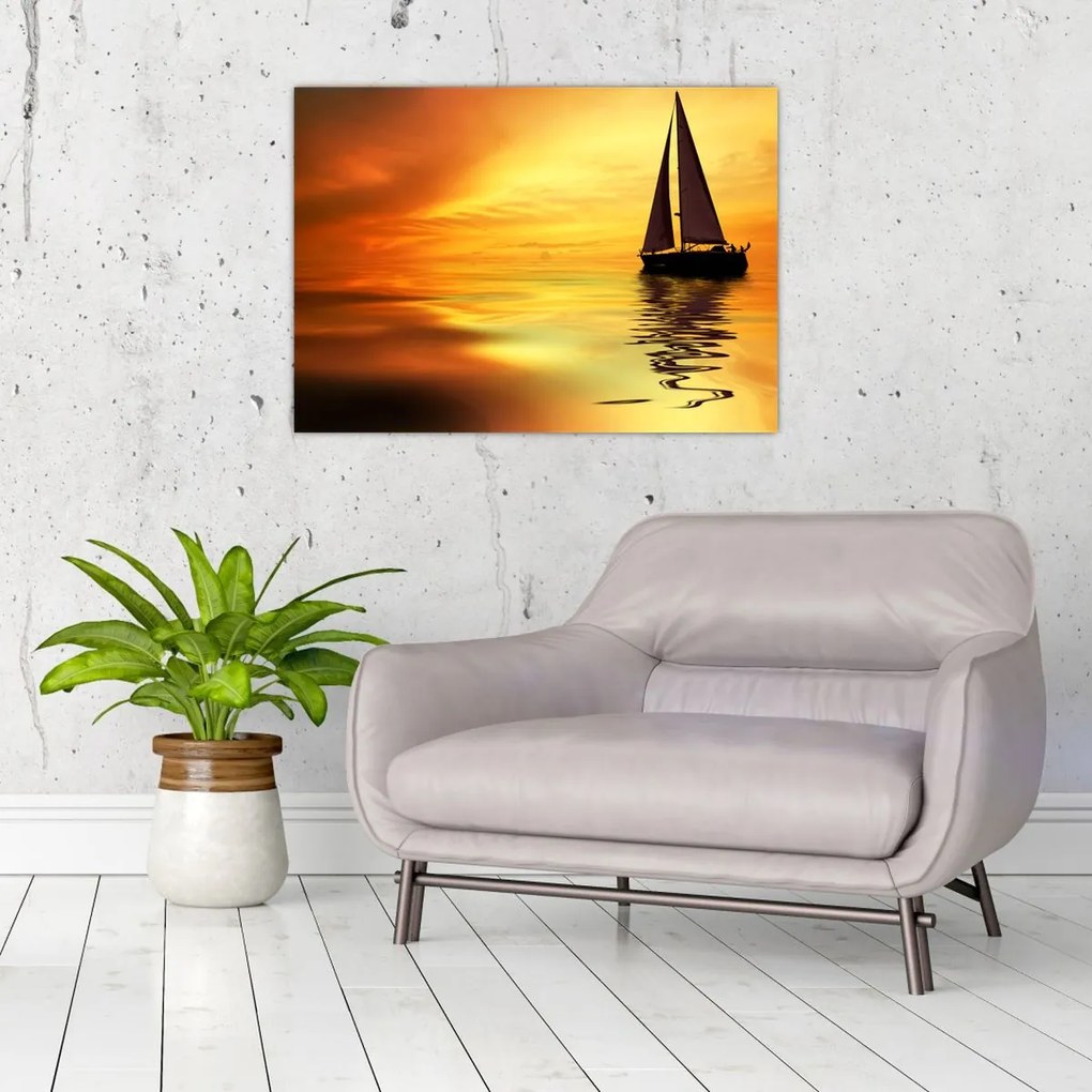 Tablou pe sticlă - Sailboat la apus de soare (70x50 cm)