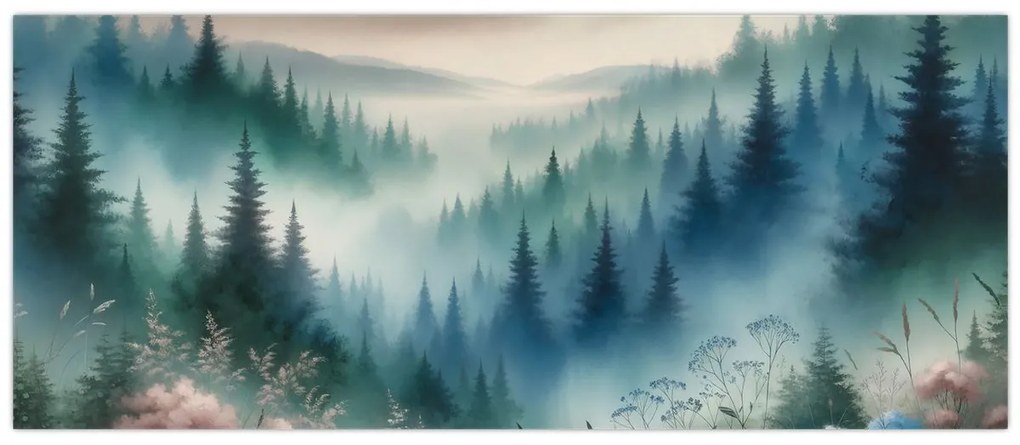 Tablou - Peisaj forestier cu ceață (120x50 cm)