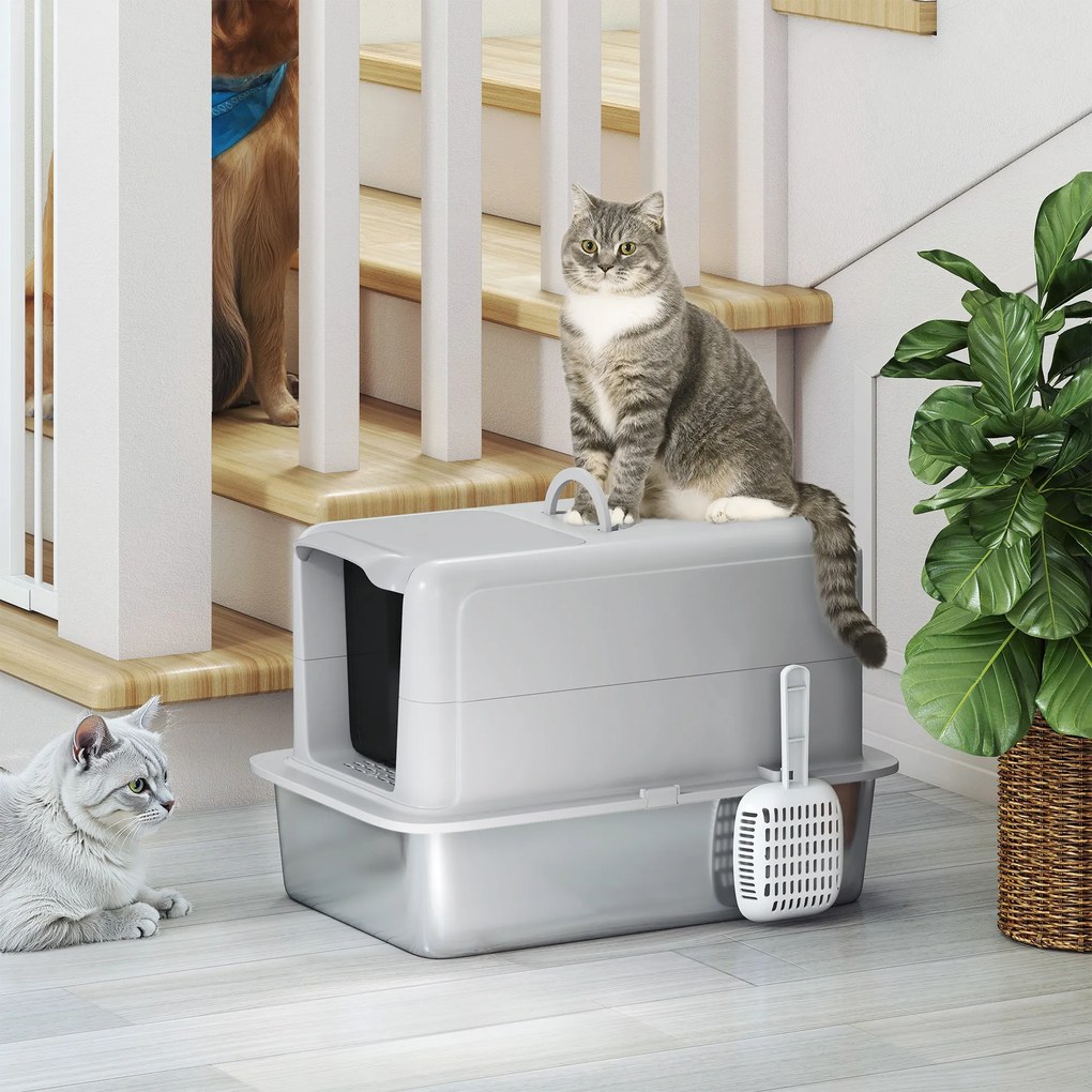 PawHut Litieră pentru pisici, Vas din Oțel Inoxidabil, Filtru, Lopată, pentru pisici până la 6 kg, 40,5 x 60,5 x 41,5 cm, Gri/Argintiu | Aosom Romania