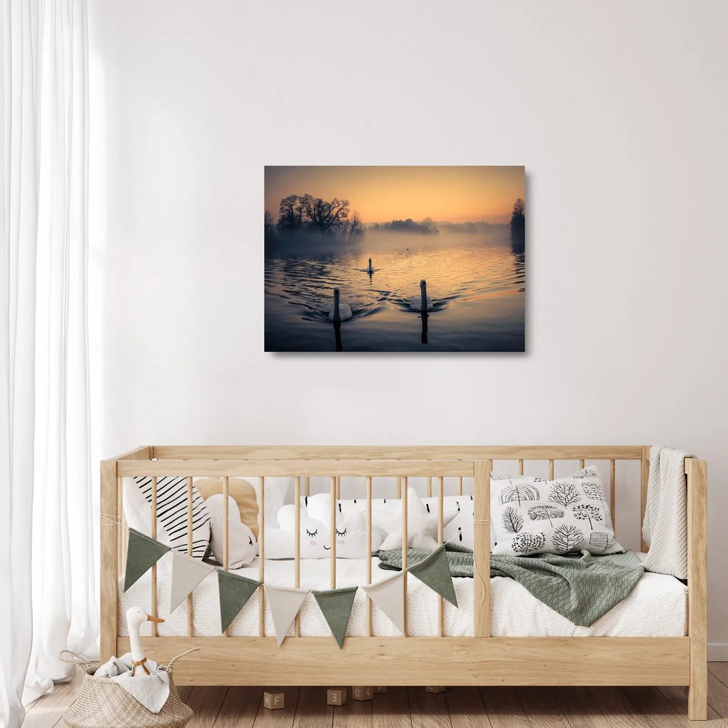 Tablou pe sticlă cu lebăde pe apă în ceață (70x50 cm)
