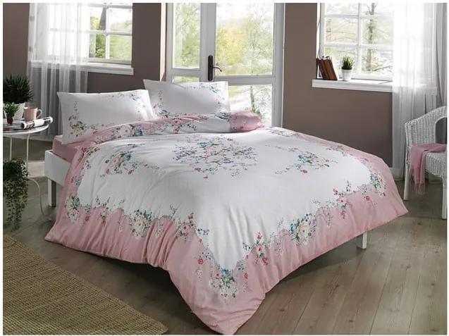 Lenjerie de pat cu cearșaf din bumbac Madelyn V2 Pink, 200 x 220 cm