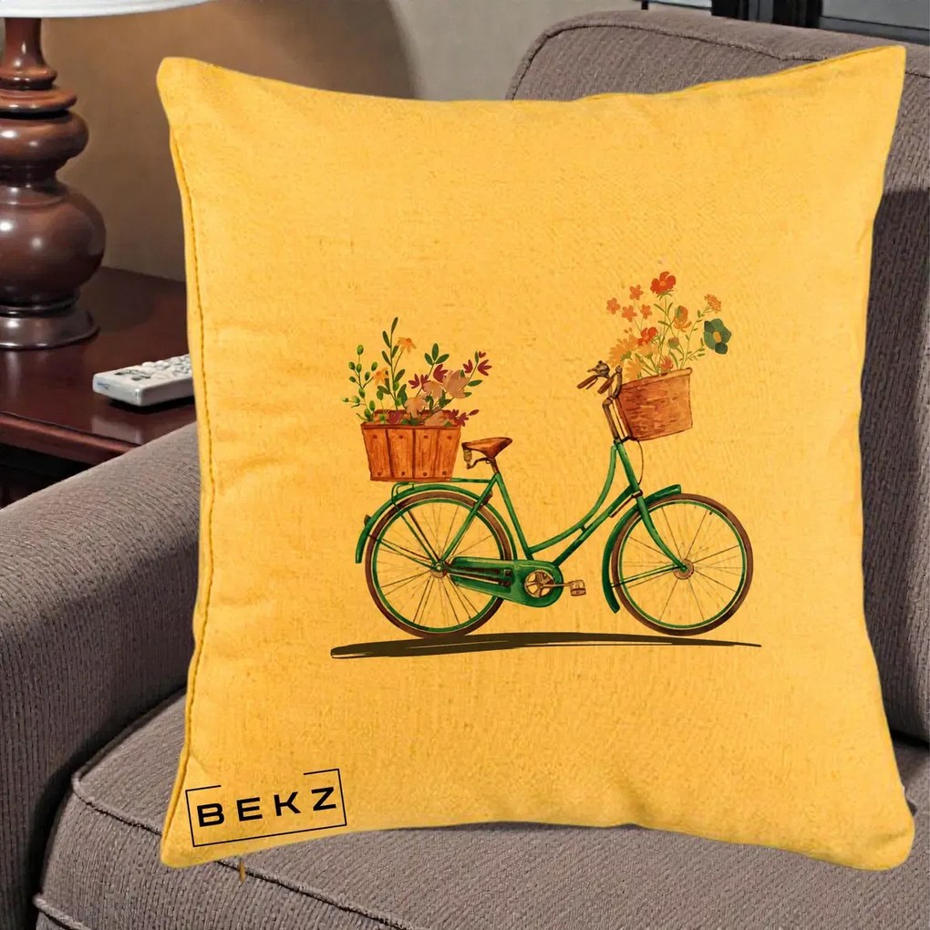 Perna Decorativa Bicicleta Florala Turcoaz Acuarela, 40x40 cm, Galben, Husa Detasabila, Perna Inclusa, BEKZ®