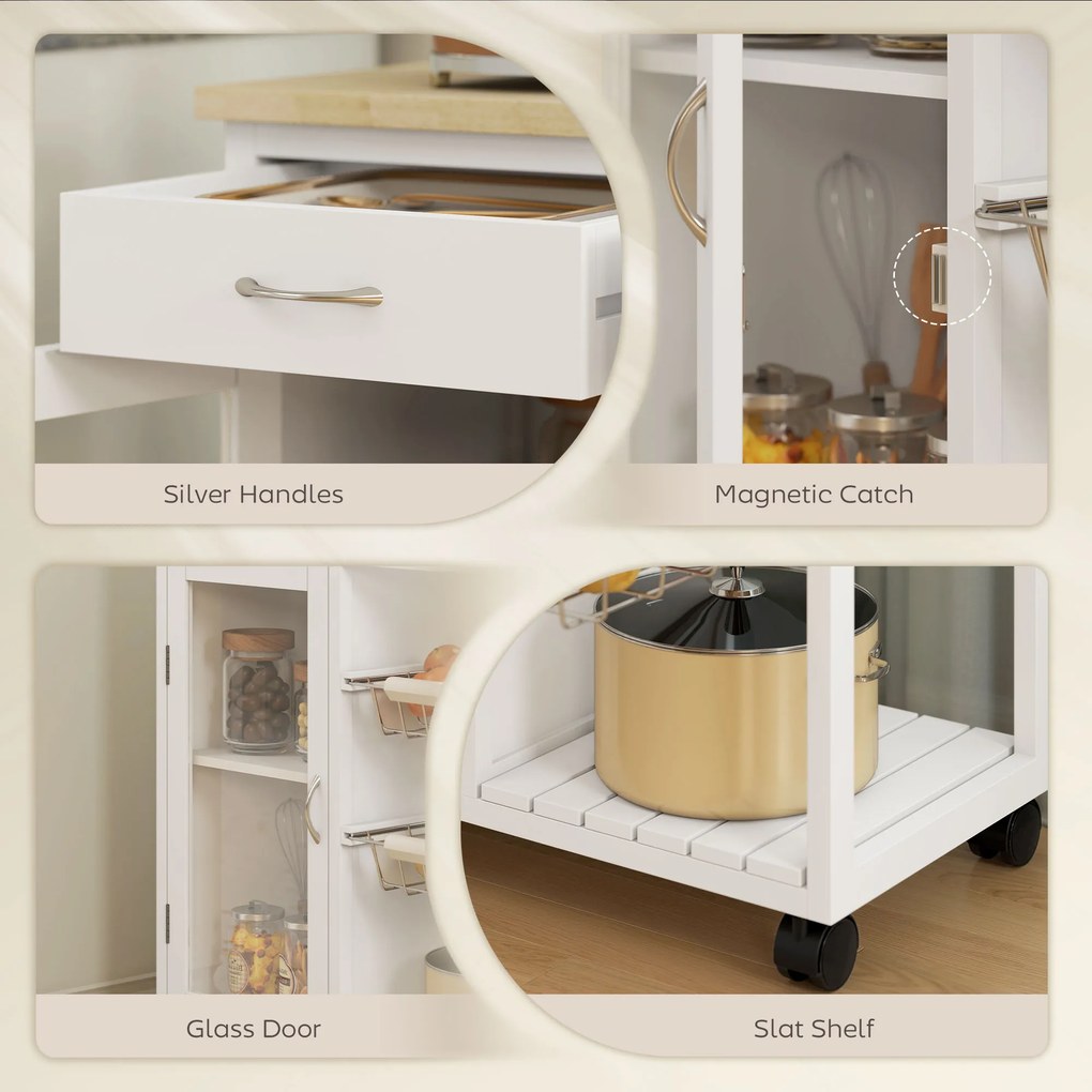 HOMCOM Cărucior de Bucătărie din Bambus cu 2 Sertare, Dulap, Raft și 2 Coșuri din Oțel, 67x35x80 cm, Alb | Aosom Romania